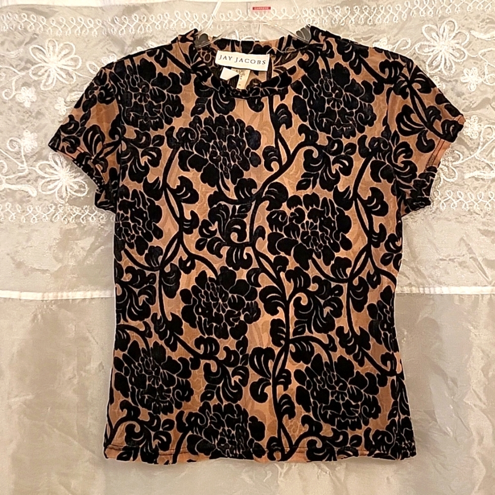 NWOT Fabulously Sexy Sheer Nude & Black Velvet Burnout Blouse, M